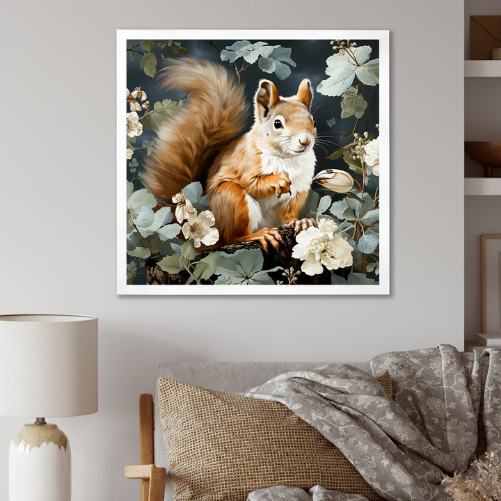 Brown and green Forest squirrel blooms - Squirrel Wall Art Prints