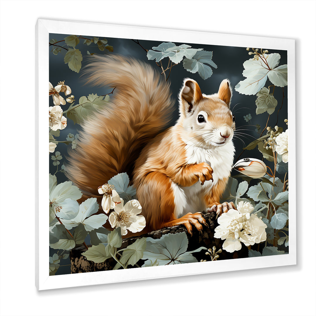 Brown and green Forest squirrel blooms - Squirrel Wall Art Prints