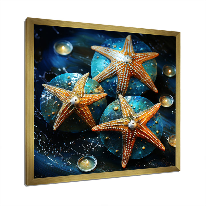 Yellow starfish on oceanic Gem stone - Yellow Starfish Wall Art