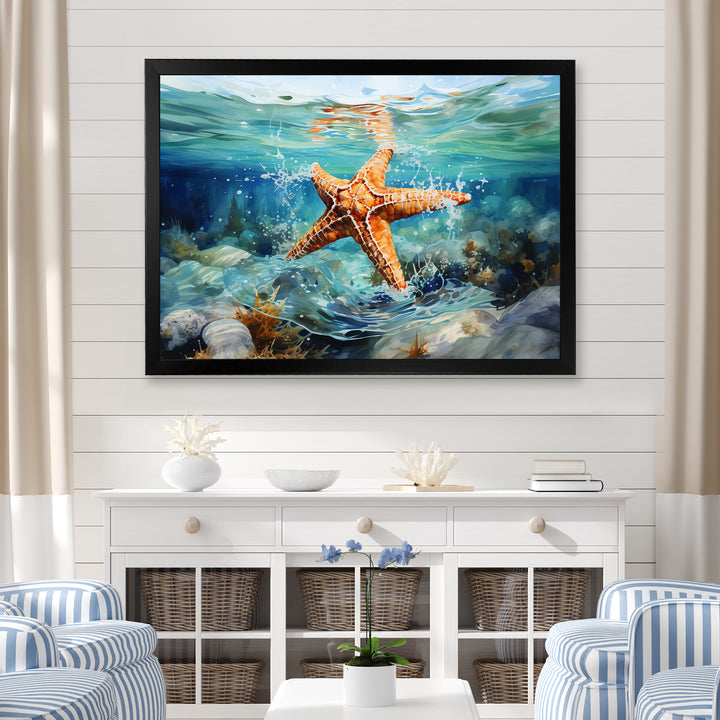 Orange Oasis Watercolor Starfish - Starfish Framed Canvas Art