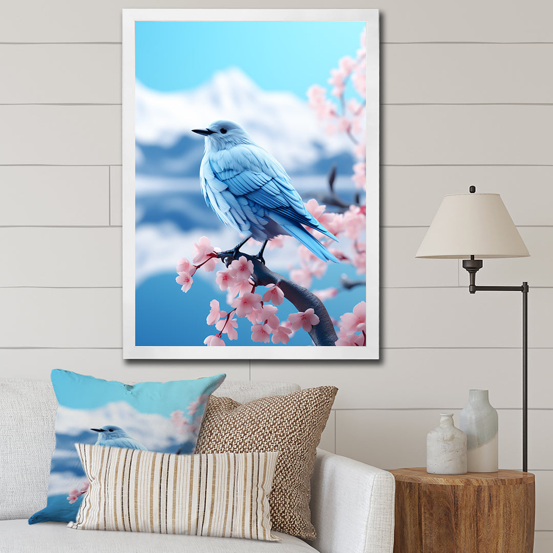 Japan blue bird Frost on pink Thistle - Bird Floral Wall Decor