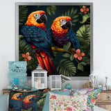 Orange and green Tropical parrots - Parrot Framed Canvas Art