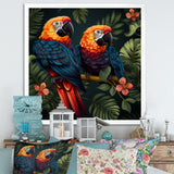 Orange and green Tropical parrots - Parrot Framed Canvas Art