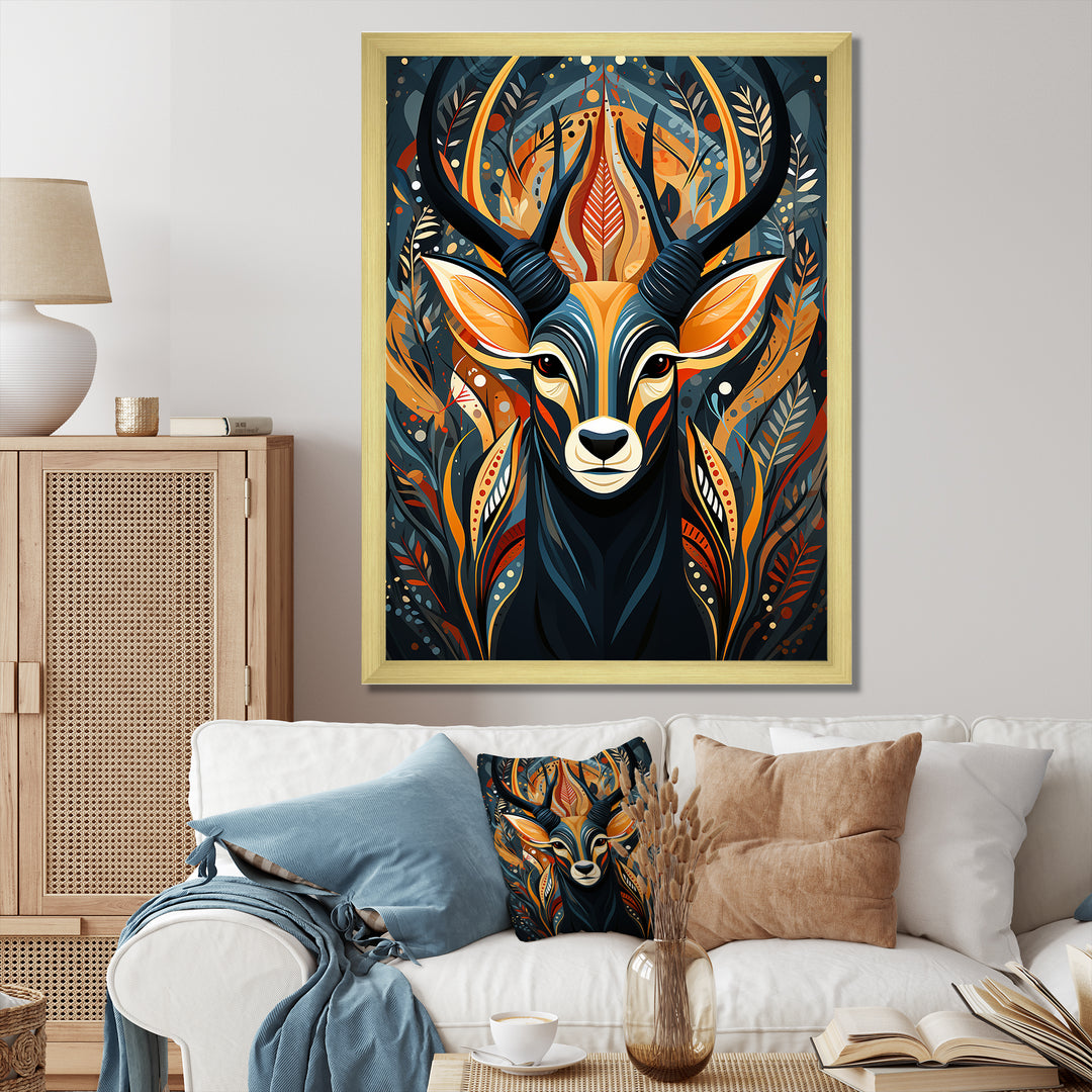 Orange and green African Deer spirit - Deer Framed Canvas Art