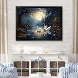 White Swans harmony moonlight pond II - Animals Canvas Wall Art