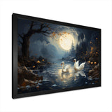 White Swans harmony moonlight pond II - Animals Canvas Wall Art