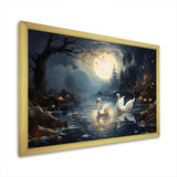 White Swans harmony moonlight pond II - Animals Canvas Wall Art