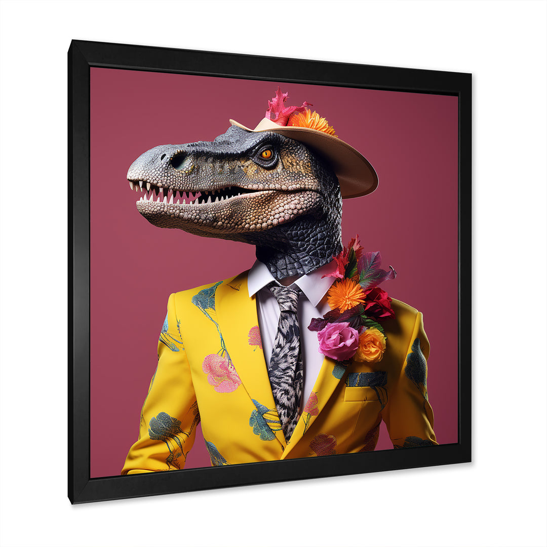 Pink and yellow Fashion dinosaur in suit - Pink Dinosaur Wall Art