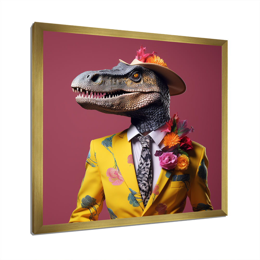 Pink and yellow Fashion dinosaur in suit - Pink Dinosaur Wall Art