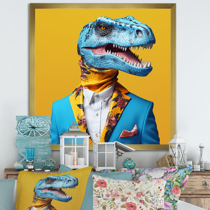Blue and yellow Fashion Dinosaur in suit - Dinosaur Framed Canvas Art
