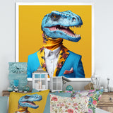 Blue and yellow Fashion Dinosaur in suit - Dinosaur Framed Canvas Art