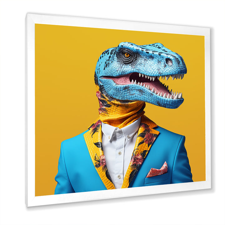 Blue and yellow Fashion Dinosaur in suit - Dinosaur Framed Canvas Art