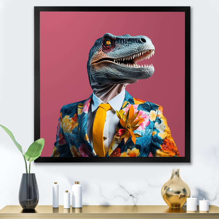 Yellow and pink Fashion first dressed Dinosaur - Dinosaur Large Canvas Wall Art