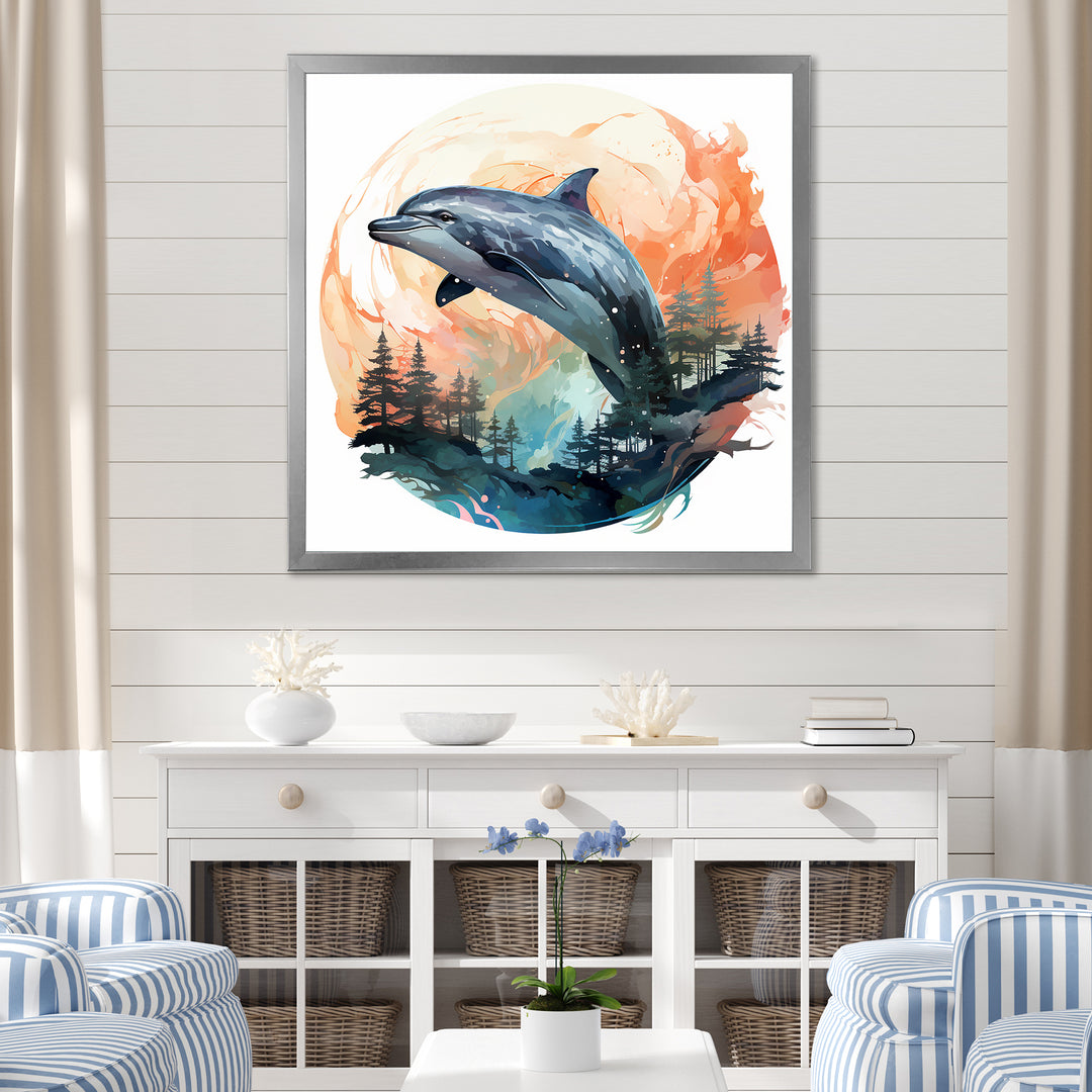 Forest Frolic Gradient Dolphin - Dolphin Canvas Wall Art
