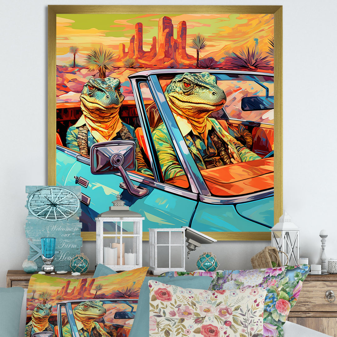 Reptile Riders Alligator and Lizards in Motion - Blue Alligator Wall Art