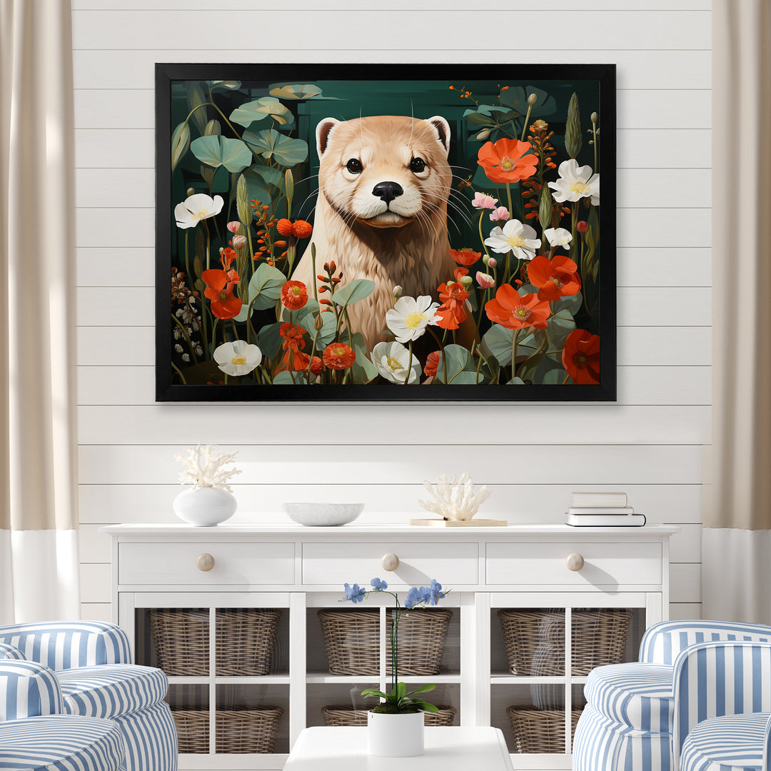 Brown Curious Otter in blooming meadow - Otter Canvas Wall Art