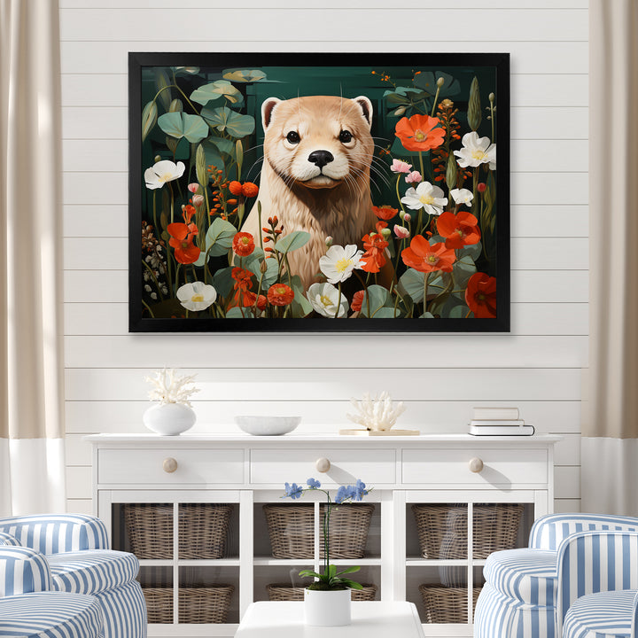 Brown Curious Otter in blooming meadow - Otter Canvas Wall Art