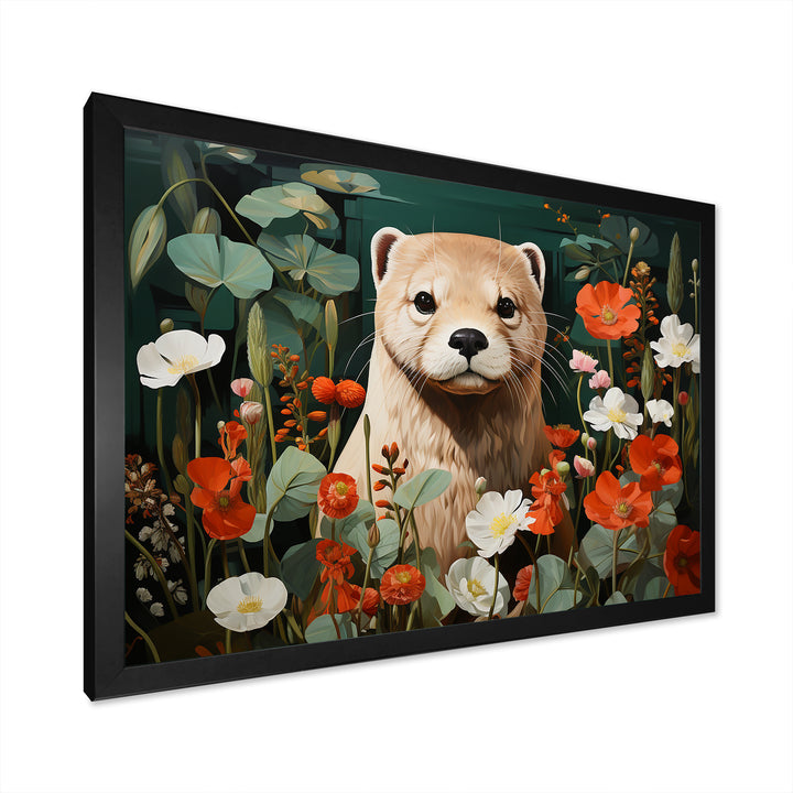 Brown Curious Otter in blooming meadow - Otter Canvas Wall Art