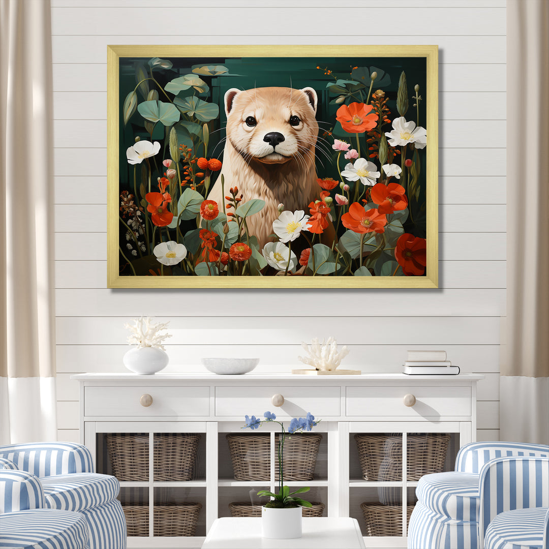 Brown Curious Otter in blooming meadow - Otter Canvas Wall Art
