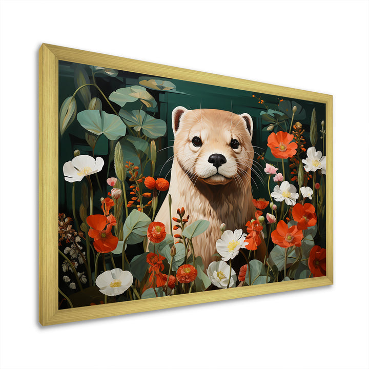 Brown Curious Otter in blooming meadow - Otter Canvas Wall Art