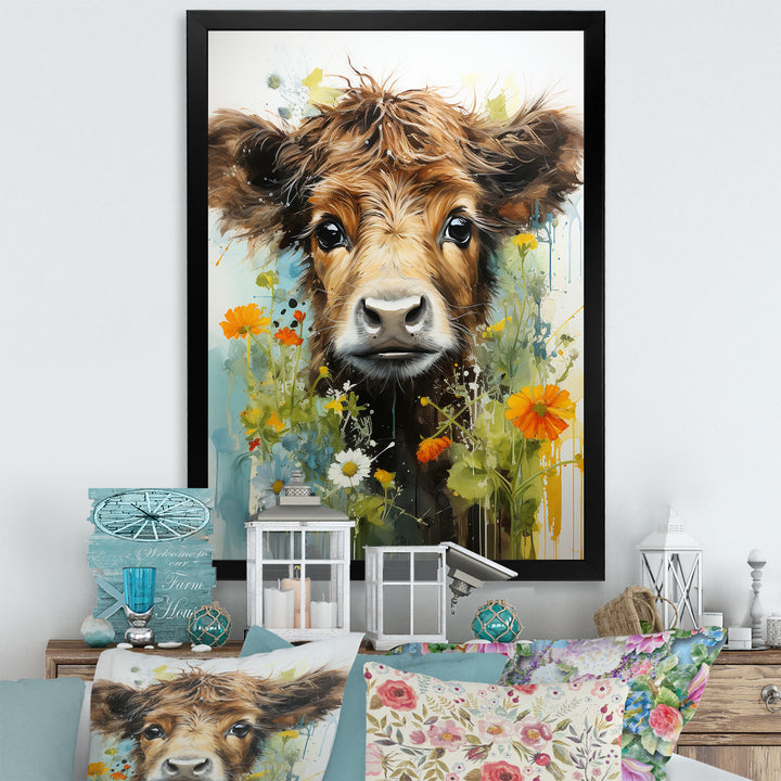 Brown Portrait of a Cow in blooms - Brown Cow Wall Art