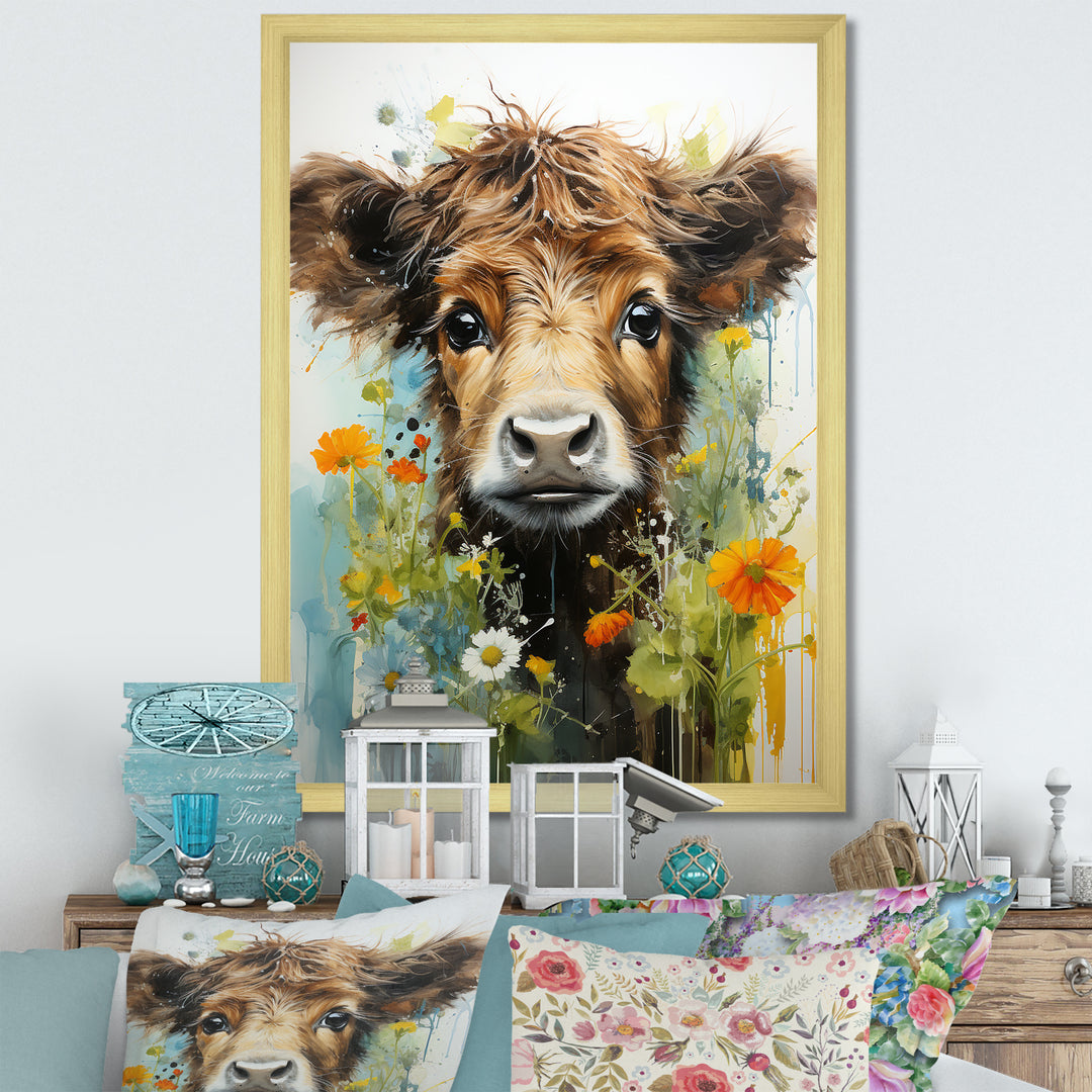 Brown Portrait of a Cow in blooms - Brown Cow Wall Art