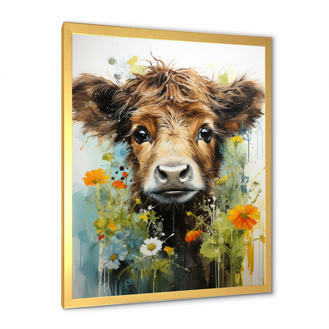 Brown Portrait of a Cow in blooms - Brown Cow Wall Art