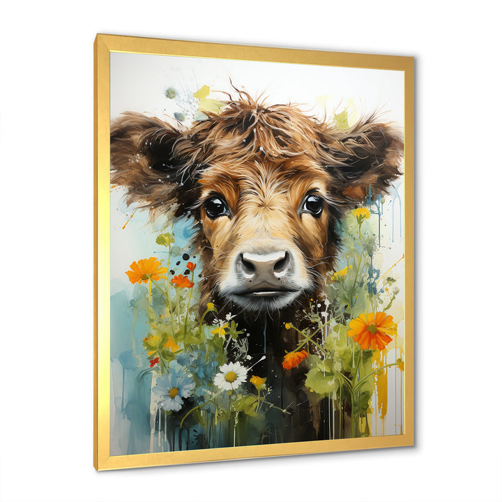 Brown Portrait of a Cow in blooms - Brown Cow Wall Art