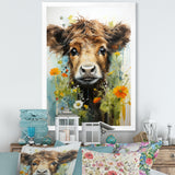 Brown Portrait of a Cow in blooms - Brown Cow Wall Art