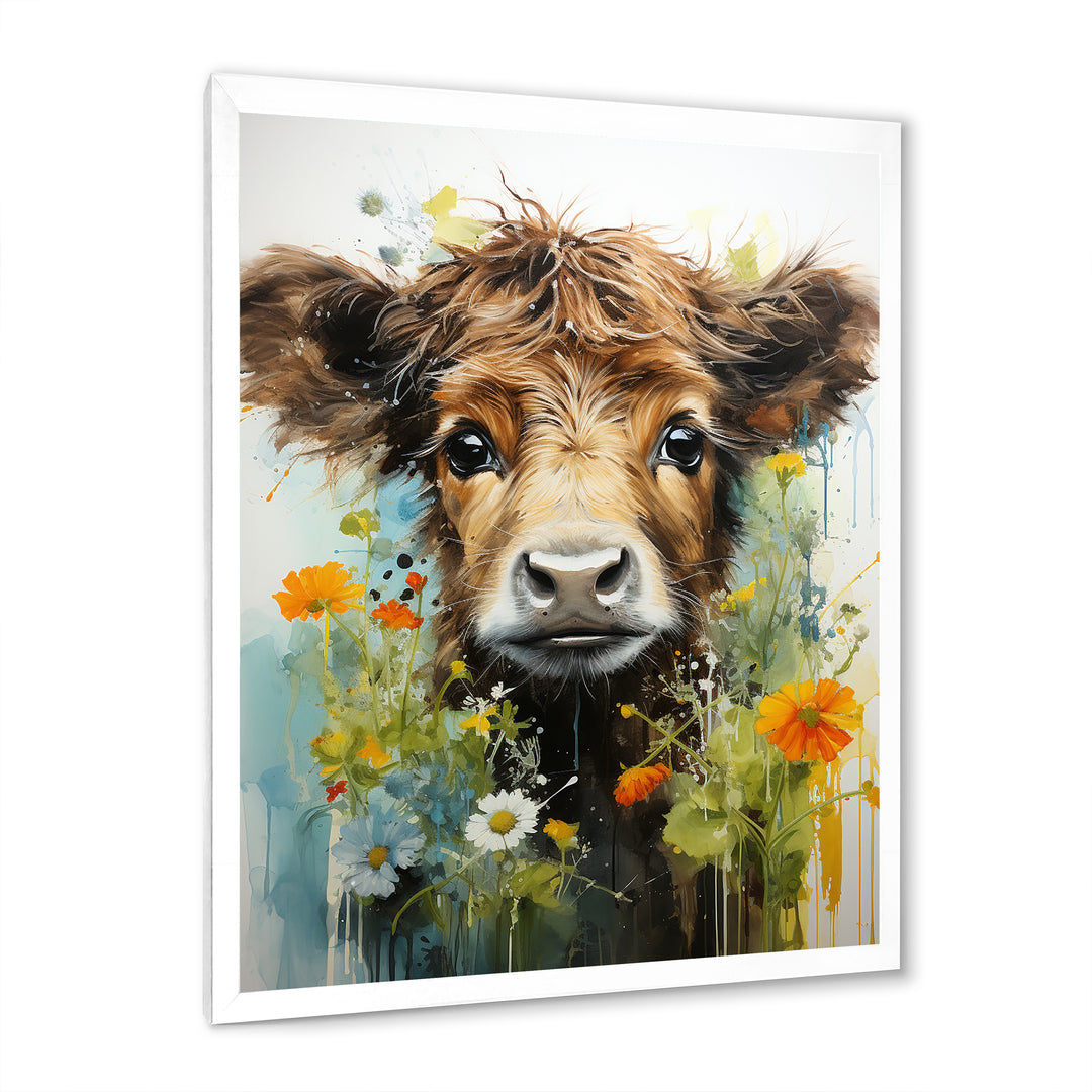 Brown Portrait of a Cow in blooms - Brown Cow Wall Art