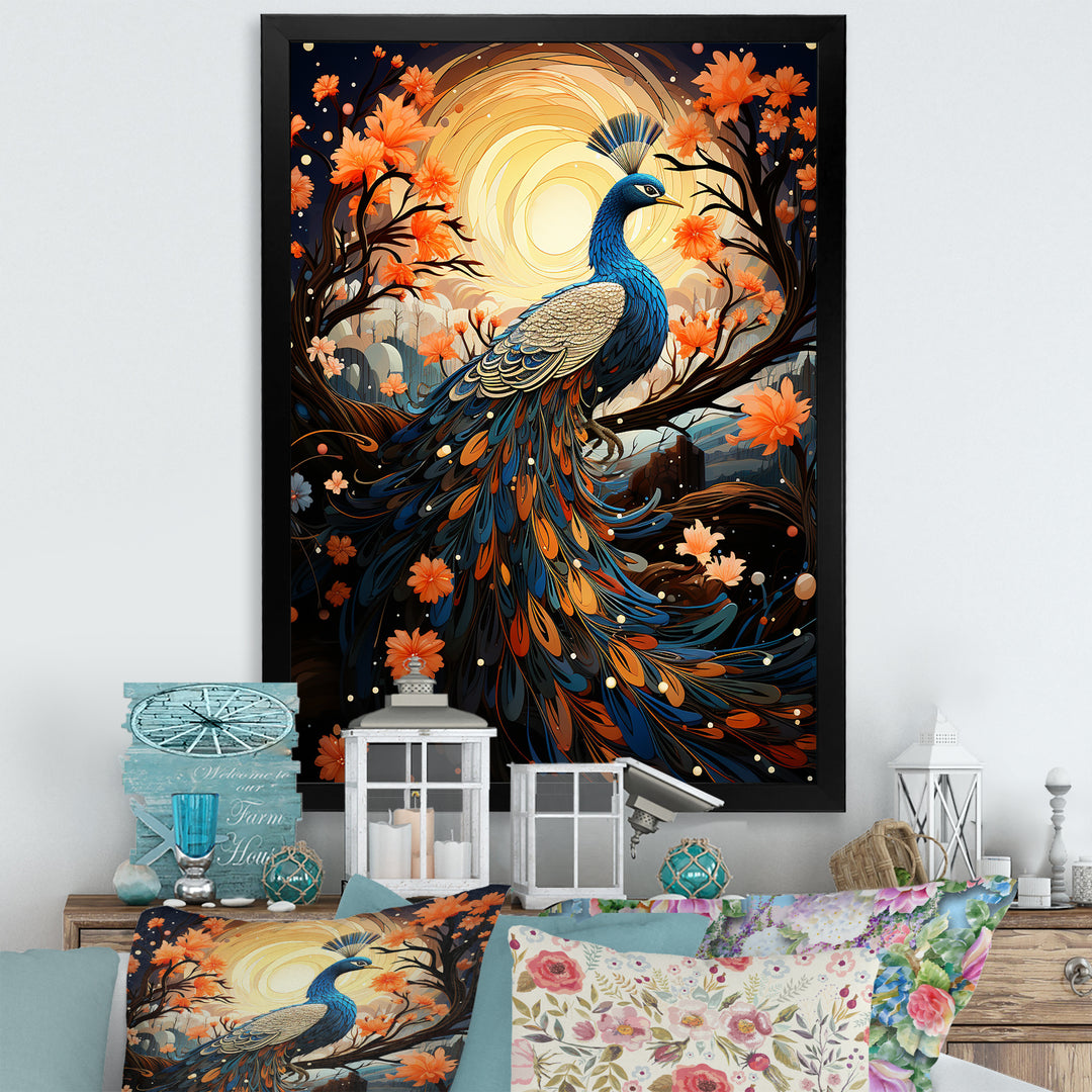 Celestial Peacock in Surreal Starlight - Yellow Peacock Wall Art