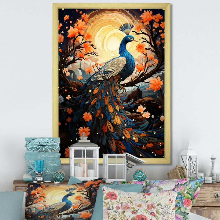 Celestial Peacock in Surreal Starlight - Yellow Peacock Wall Art