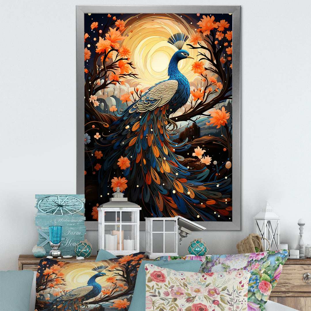 Celestial Peacock in Surreal Starlight - Yellow Peacock Wall Art