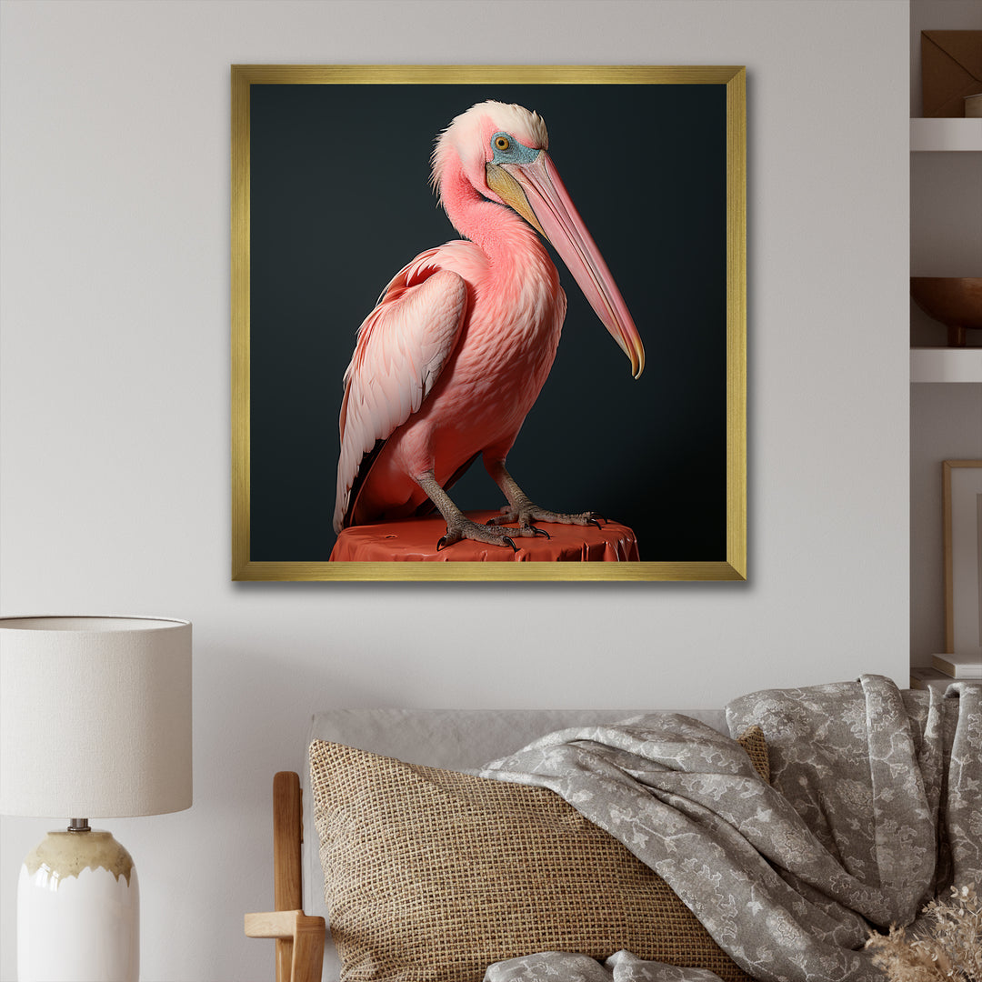 Coastal Watch pink Pelican - Pelican Framed Canvas Art