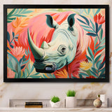 Floral Pink Rhino paradise - Rhino Framed Canvas Art