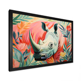 Floral Pink Rhino paradise - Rhino Framed Canvas Art