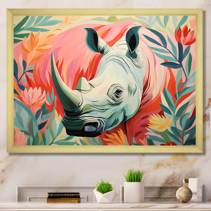 Floral Pink Rhino paradise - Rhino Framed Canvas Art