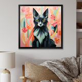 Black Playful Cat floral meadows - Black Cat Wall Art