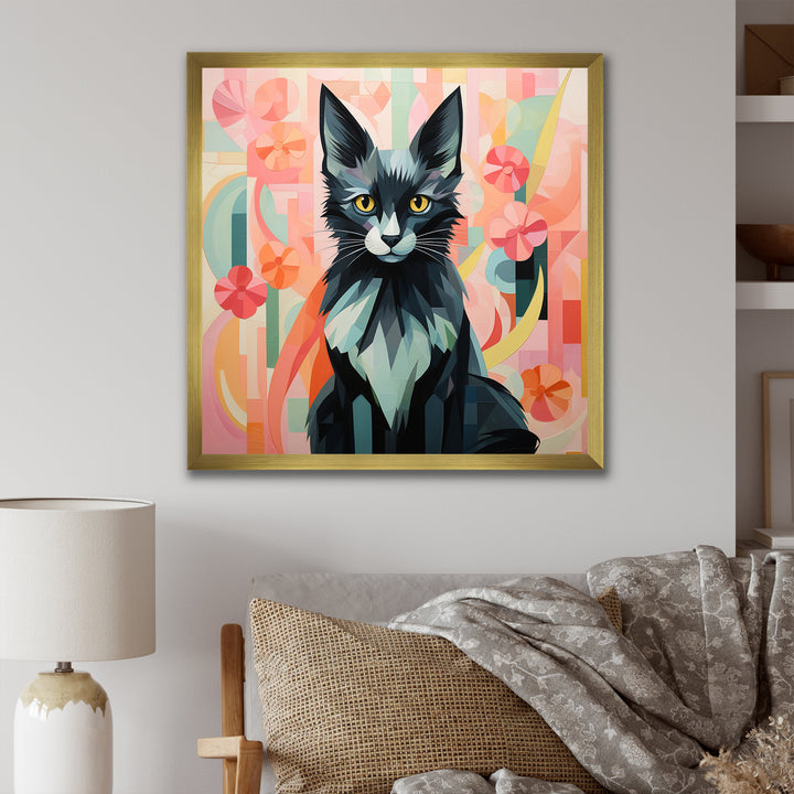 Black Playful Cat floral meadows - Black Cat Wall Art