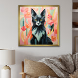 Black Playful Cat floral meadows - Black Cat Wall Art