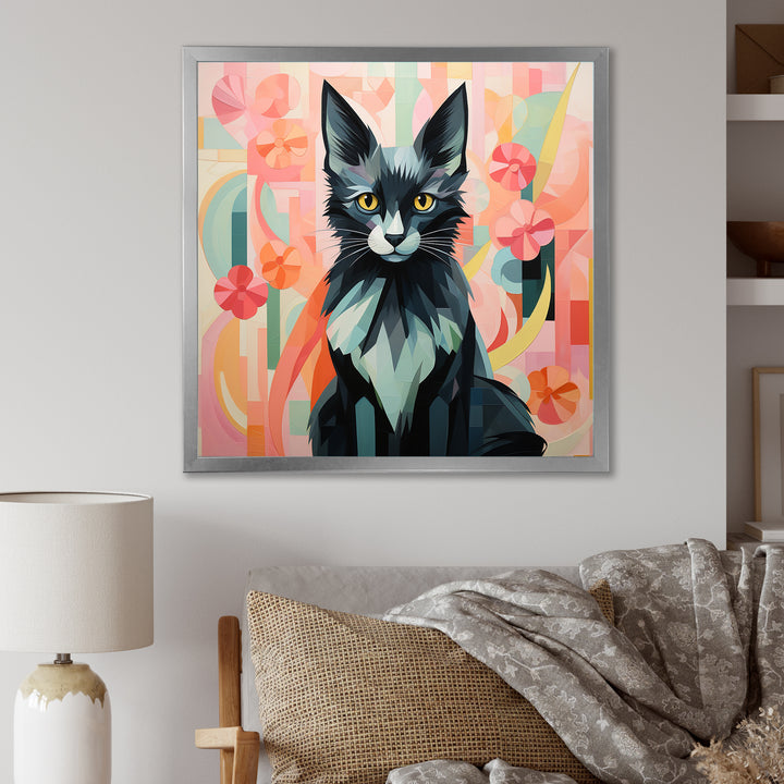 Black Playful Cat floral meadows - Black Cat Wall Art