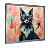 Black Playful Cat floral meadows - Black Cat Wall Art