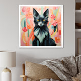 Black Playful Cat floral meadows - Black Cat Wall Art