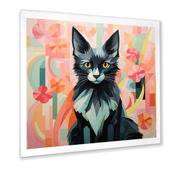 Black Playful Cat floral meadows - Black Cat Wall Art