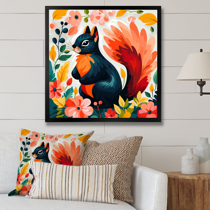 Blue and orange Forest Squirrel - Squirrel Living Room Wall Art