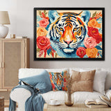 Pink and orange flower Tiger portrait - Animals Canvas Wall Art