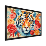 Pink and orange flower Tiger portrait - Animals Canvas Wall Art