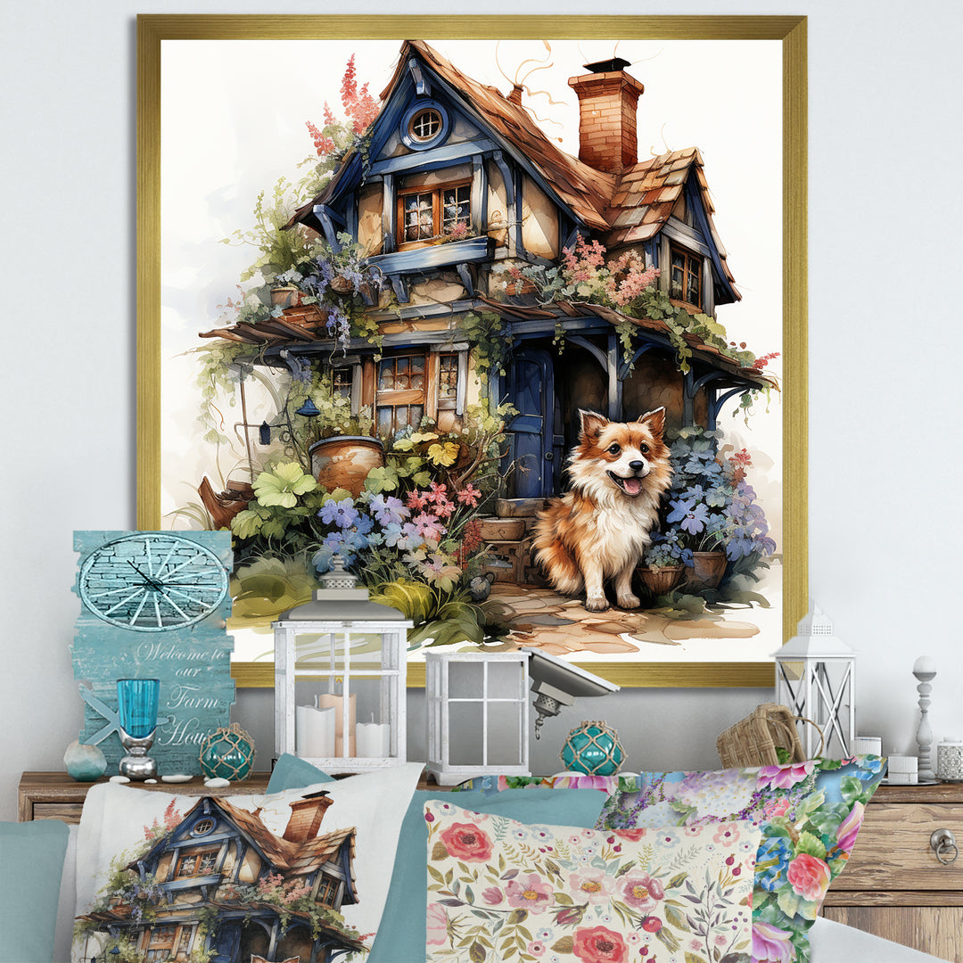 Corgi doghouse blooms - Dog Canvas Wall Art