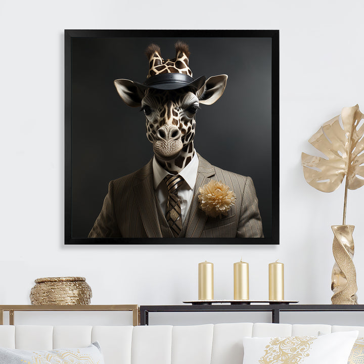 Grey and black suited up fashion giraffe - Giraffe Fashion Wall Art Prints