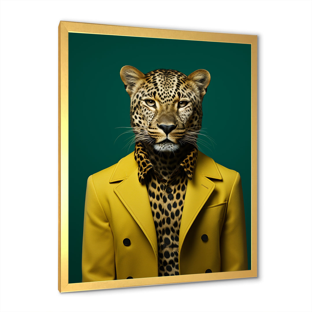 Yellow and green suited up cheetah - Tiger Fashion Large Canvas Wall Art